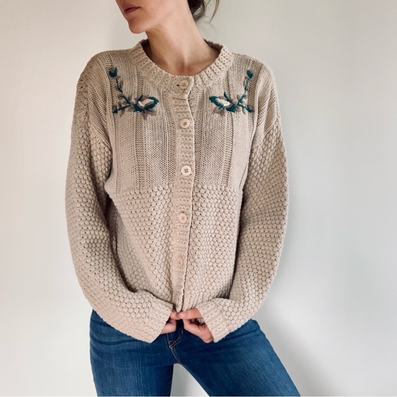 VTG Autograph American Ramie Cotton Tan Beige Knit Embroidered Cardigan Sweater - Picture 2 of 11